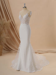 Sheath Stretch Crepe V-neck Appliques Lace Cathedral Train Wedding Dress