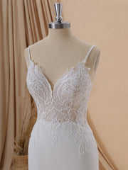 Sheath Stretch Crepe V-neck Appliques Lace Cathedral Train Wedding Dress