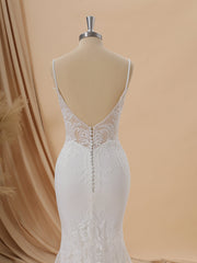 Sheath Stretch Crepe V-neck Appliques Lace Cathedral Train Wedding Dress