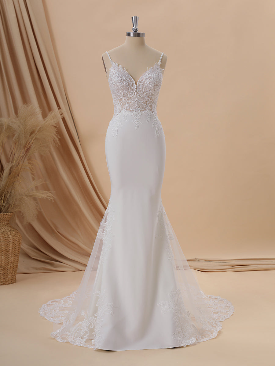 Sheath Stretch Crepe V-neck Appliques Lace Cathedral Train Wedding Dress