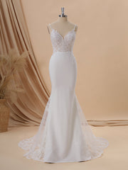 Sheath Stretch Crepe V-neck Appliques Lace Cathedral Train Wedding Dress