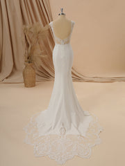 Sheath Stretch Crepe V-neck Appliques Lace Chapel Train Wedding Dress