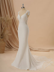 Sheath Stretch Crepe V-neck Appliques Lace Chapel Train Wedding Dress