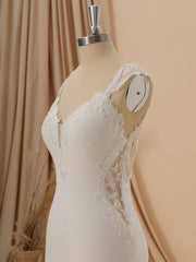 Sheath Stretch Crepe V-neck Appliques Lace Chapel Train Wedding Dress