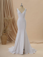 Sheath Stretch Crepe V-neck Court Train Wedding Dress