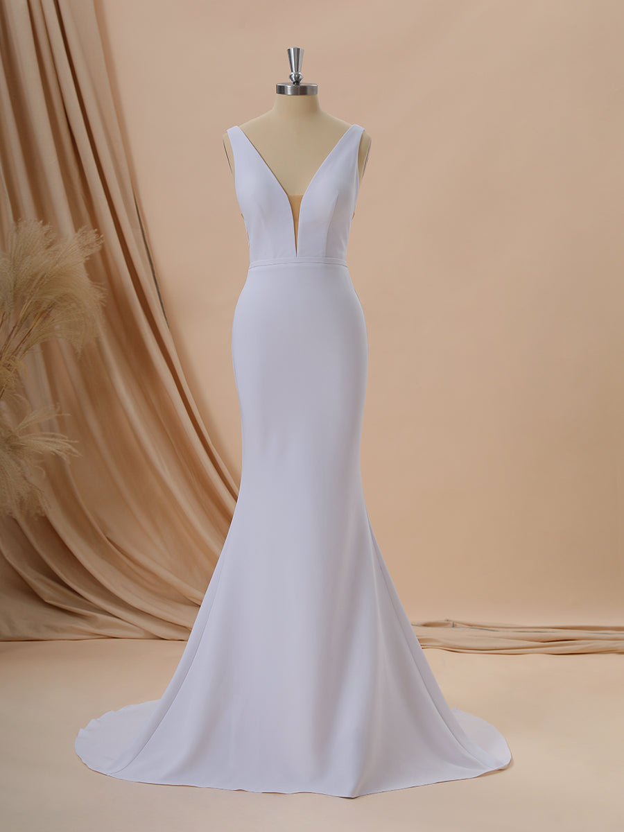 Sheath Stretch Crepe V-neck Court Train Wedding Dress
