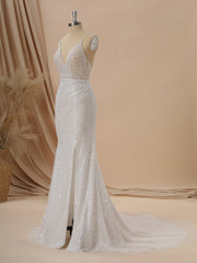 Sheath V-neck Beading Court Train Wedding Dress