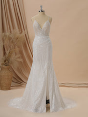 Sheath V-neck Beading Court Train Wedding Dress
