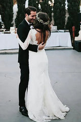 Sheath V-Neck Long Tulle Sleeves Backless Wedding Dress with Appliques