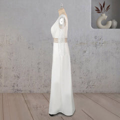 Sheath V Neck White Satin Long Wedding Dress