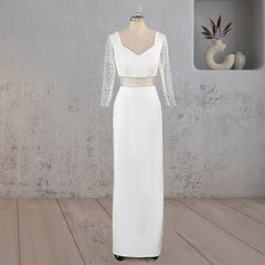 Sheath V Neck White Satin Long Wedding Dress