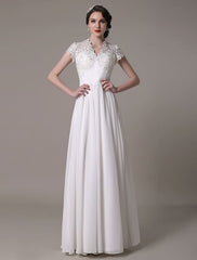 Sheath Wedding Dress V-Neck Lace Chiffon Pleated Floor Length Bridal Dress Exclusive