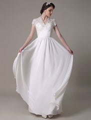 Sheath Wedding Dress V-Neck Lace Chiffon Pleated Floor Length Bridal Dress Exclusive