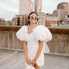 Madison | Sheath White Puff Sleeves Short V-Neck Wedding Dress