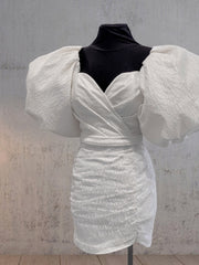 Madison | Sheath White Puff Sleeves Short V-Neck Wedding Dress