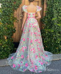 Sheer Floral Print Prom Dresses with Slit Puffed Sleeve Rosette Formal Gown TO013