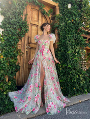 Sheer Floral Print Prom Dresses with Slit Puffed Sleeve Rosette Formal Gown TO013