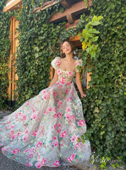 Sheer Floral Print Prom Dresses with Slit Puffed Sleeve Rosette Formal Gown TO013