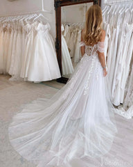 Sheer Lace Applique Wedding Dresses with Slit Off the Shoulder Beach Bridal Gown AW1008
