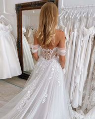 Sheer Lace Applique Wedding Dresses with Slit Off the Shoulder Beach Bridal Gown AW1008