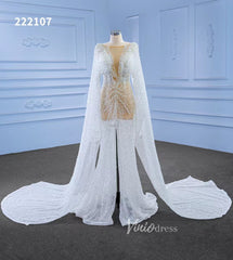 Sheer Modern Pearl Wedding Dresses with Extra Long Cape Sleeves 222107