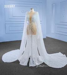Sheer Modern Pearl Wedding Dresses with Extra Long Cape Sleeves 222107
