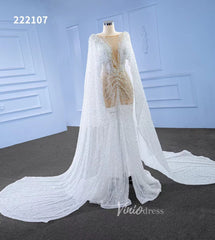 Sheer Modern Pearl Wedding Dresses with Extra Long Cape Sleeves 222107