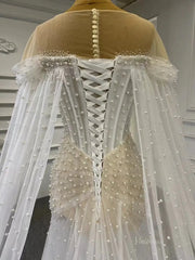 Sheer Pearl Wedding Dresses Cape Sleeves 67544