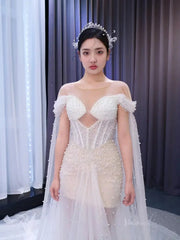 Sheer Pearl Wedding Dresses Cape Sleeves 67544