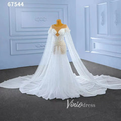 Sheer Pearl Wedding Dresses Cape Sleeves 67544