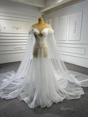 Sheer Pearl Wedding Dresses Cape Sleeves 67544