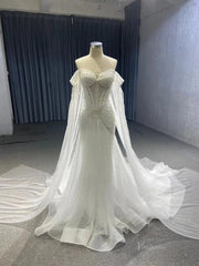 Sheer Pearl Wedding Dresses Cape Sleeves 67544