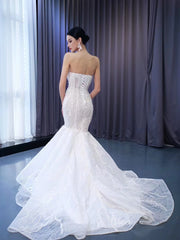 Sheer Pearl Wedding Dresses Mermaid Strapless Bridal Dress 222129