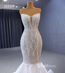 Sheer Pearl Wedding Dresses Mermaid Strapless Bridal Dress 222129