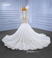 Sheer Pearl Wedding Dresses Sheath Long Sleeve Bridal Dress 67484