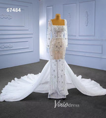 Sheer Pearl Wedding Dresses Sheath Long Sleeve Bridal Dress 67484