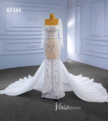 Sheer Pearl Wedding Dresses Sheath Long Sleeve Bridal Dress 67484