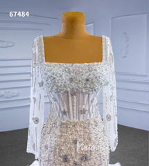 Sheer Pearl Wedding Dresses Sheath Long Sleeve Bridal Dress 67484