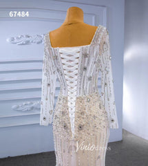 Sheer Pearl Wedding Dresses Sheath Long Sleeve Bridal Dress 67484