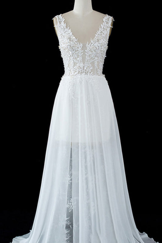 Sheer Split Tulle A-line Wedding Dress with Lace Appliques