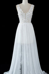 Sheer Split Tulle A-line Wedding Dress with Lace Appliques