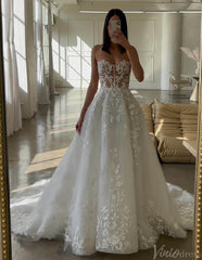Sheer Strapless Lace Applique Wedding Dresses Chapel Train Country Bridal Gown AW1030