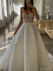 Sheer Strapless Lace Applique Wedding Dresses Chapel Train Country Bridal Gown AW1030