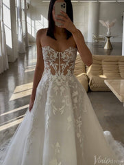Sheer Strapless Lace Applique Wedding Dresses Chapel Train Country Bridal Gown AW1030