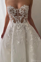 Sheer Strapless Lace Applique Wedding Dresses Chapel Train Country Bridal Gown AW1030