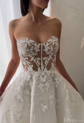 Sheer Strapless Lace Applique Wedding Dresses Chapel Train Country Bridal Gown AW1030