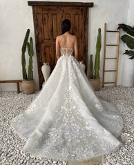 Sheer Strapless Lace Applique Wedding Dresses Chapel Train Country Bridal Gown AW1030