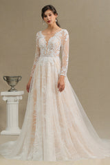 Sheer Tulle A-Line Wedding Dress With Lace Illusion Sleeves