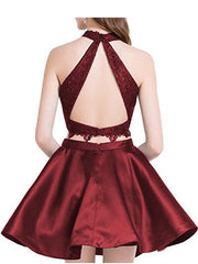 Custom Made A Line 2 Pieces Halter Neck Short Lace Light Blue/Burgundy/Dark Blue/Pink Prom Dresses, 2 Pieces Homecoming Dresses, Lace Formal Dresses, Graduation Dresses
