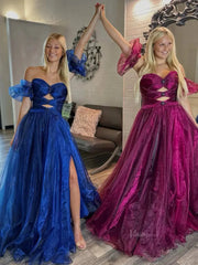 Shimmering Organza Prom Dresses 2025 Off the Shoulder Puffed Sleeve Formal Gown with Slit - FD5137